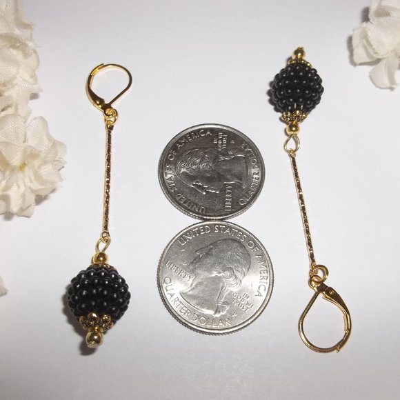 Long Beaded Earrings Black & Gold Bar Stick Set Pair Dangle Drop Elegant 6980 - Picture 4 of 10